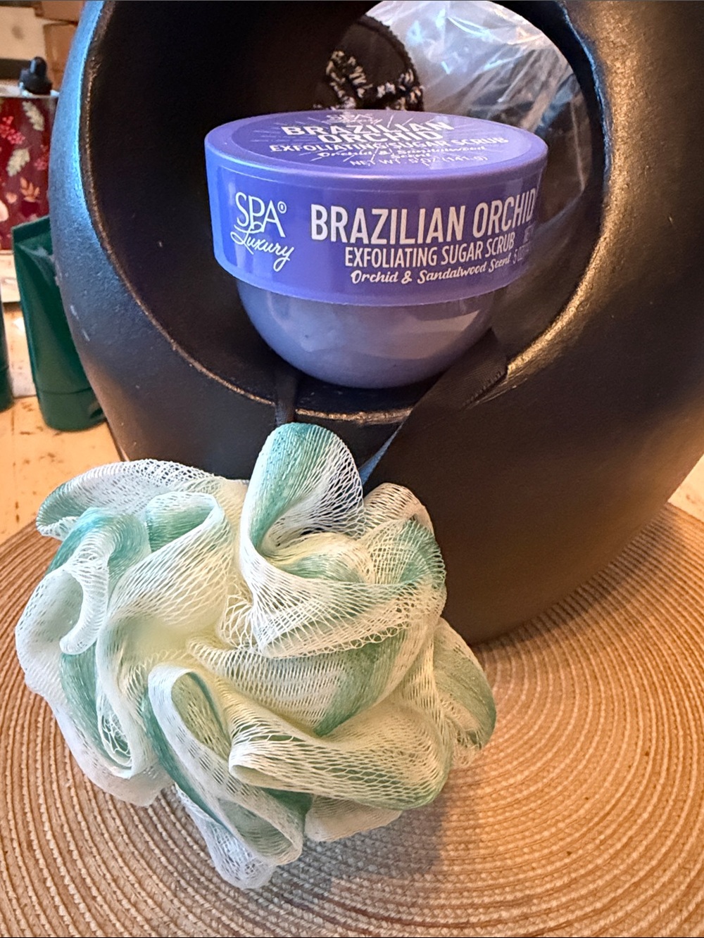 Spa Luxury Brazilian Orchid Exfoliating Sugar Scrub New 5 oz. W/ Green Loofah